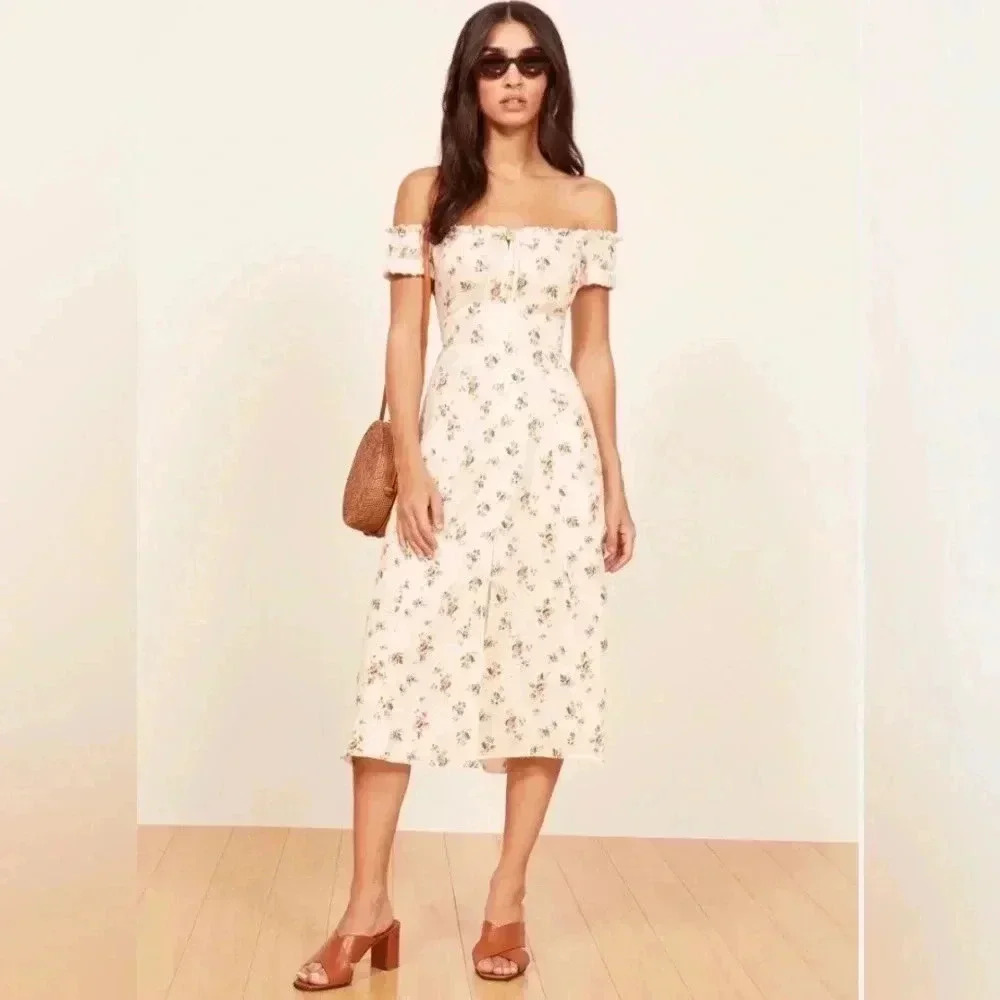 NWOT Reformation Canopy Linen Dress in Mildred Midi Off Shoulder Dress Size 6